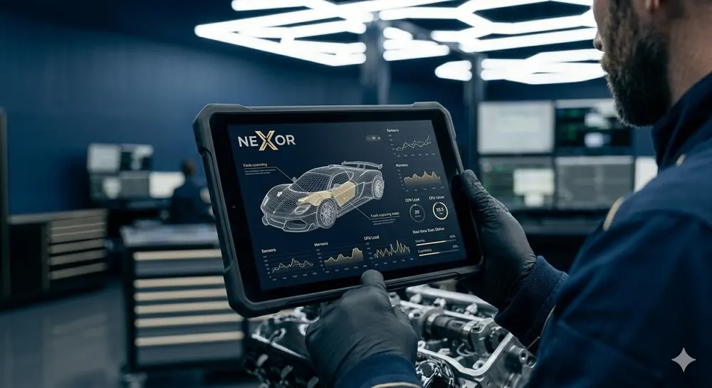 Diagnosi del veicolo su tablet con schema del motore